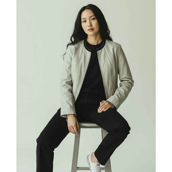 Sienastudio Blue Mint Green 100% Fitted Leather Jacket Coat Zip Front Size 12 - Picture 1 of 7